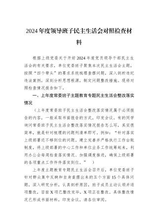 2024年度领导班子民主生活会对照检查材料