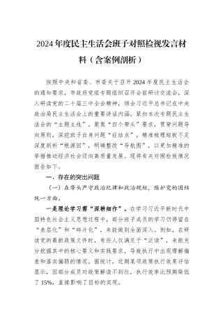 2024年度民主生活会班子对照检视发言材料（含案例剖析）