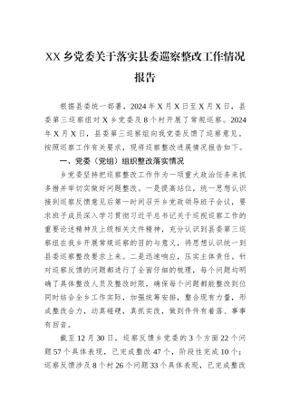 XX乡党委关于落实县委巡察整改工作情况报告