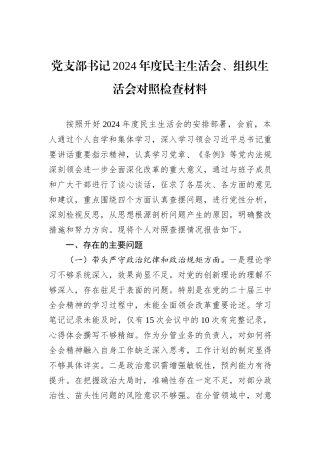 党支部书记2024年度民主生活会、组织生活会对照检查材料