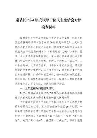 副县长2024年度领导干部民主生活会对照检查材料