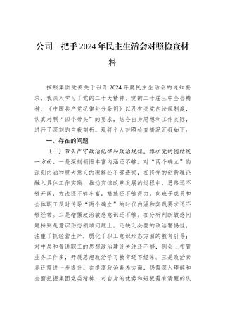 公司一把手2024年民主生活会对照检查材料