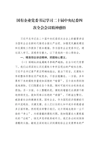 国有企业党委书记学习二十届中央纪委四次全会会议精神感悟