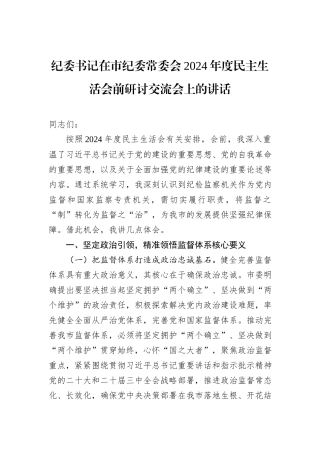 纪委书记在市纪委常委会2024年度民主生活会前研讨交流会上的讲话
