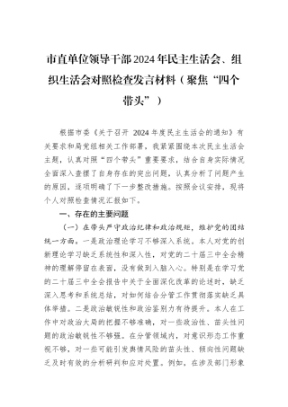 市直单位领导干部2024年民主生活会、组织生活会对照检查发言材料（聚焦“四个带头”）