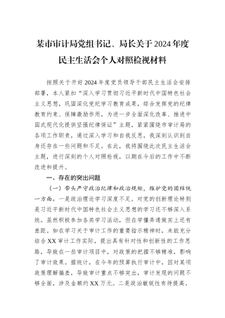 某市审计局党组书记、局长关于2024年度民主生活会个人对照检视材料
