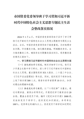 市国资委党委领导班子学习贯彻习近平新时代中国特色社会主义思想专题民主生活会整改落实情况