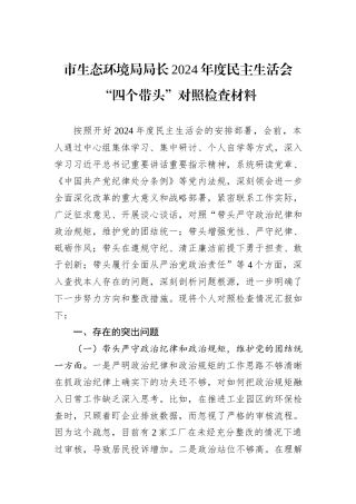 市生态环境局局长2024年度民主生活会“四个带头”对照检查材料