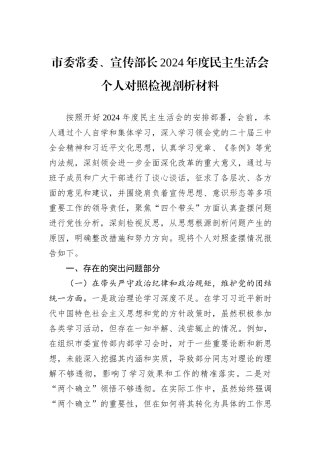 市委常委、宣传部长2024年度民主生活会个人对照检视剖析材料