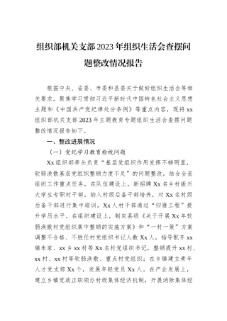 组织部机关支部2023年组织生活会查摆问题整改情况报告 (1)