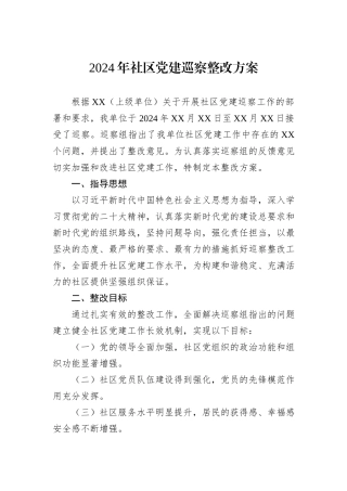 2024年社区党建巡察整改方案