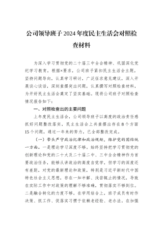 公司领导班子2024年度民主生活会对照检查材料
