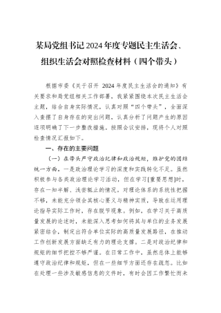 某局党组书记2024年度专题民主生活会、组织生活会对照检查材料（四个带头）
