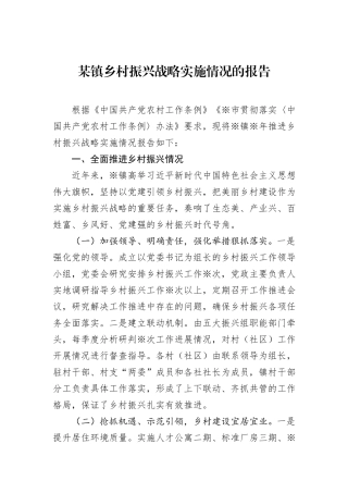 某镇乡村振兴战略实施情况的报告