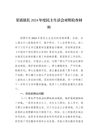 某镇镇长2024年度民主生活会对照检查材料