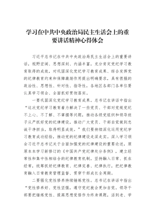 学习在中共中央政治局民主生活会上的重要讲话精神心得体会
