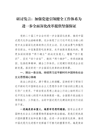 研讨发言：加强党建引领健全工作体系为进一步全面深化改革提供坚强保证