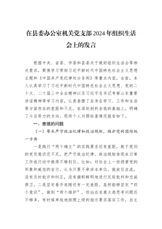 在县委办公室机关党支部2024年组织生活会上的发言