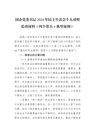 国企党委书记2024年民主生活会个人对照检查材料
