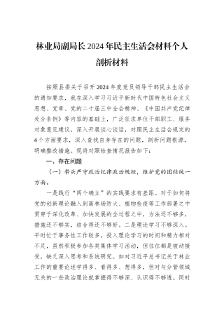 林业局副局长2024年民主生活会材料个人剖析材料