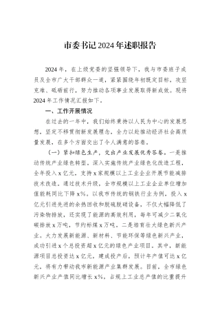 市委书记2024年述职报告