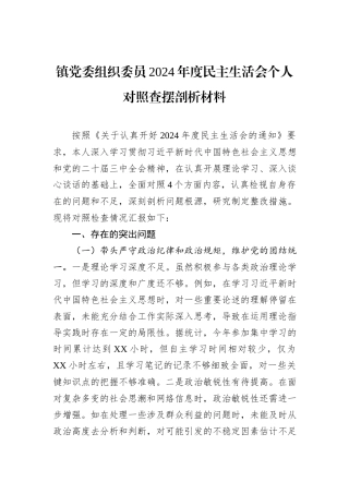 镇党委组织委员2024年度民主生活会个人对照查摆剖析材料