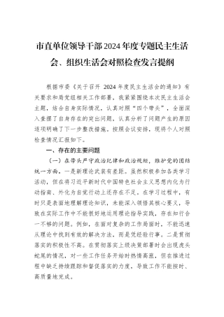 市直单位领导干部2024年度专题民主生活会、组织生活会对照检查发言提纲