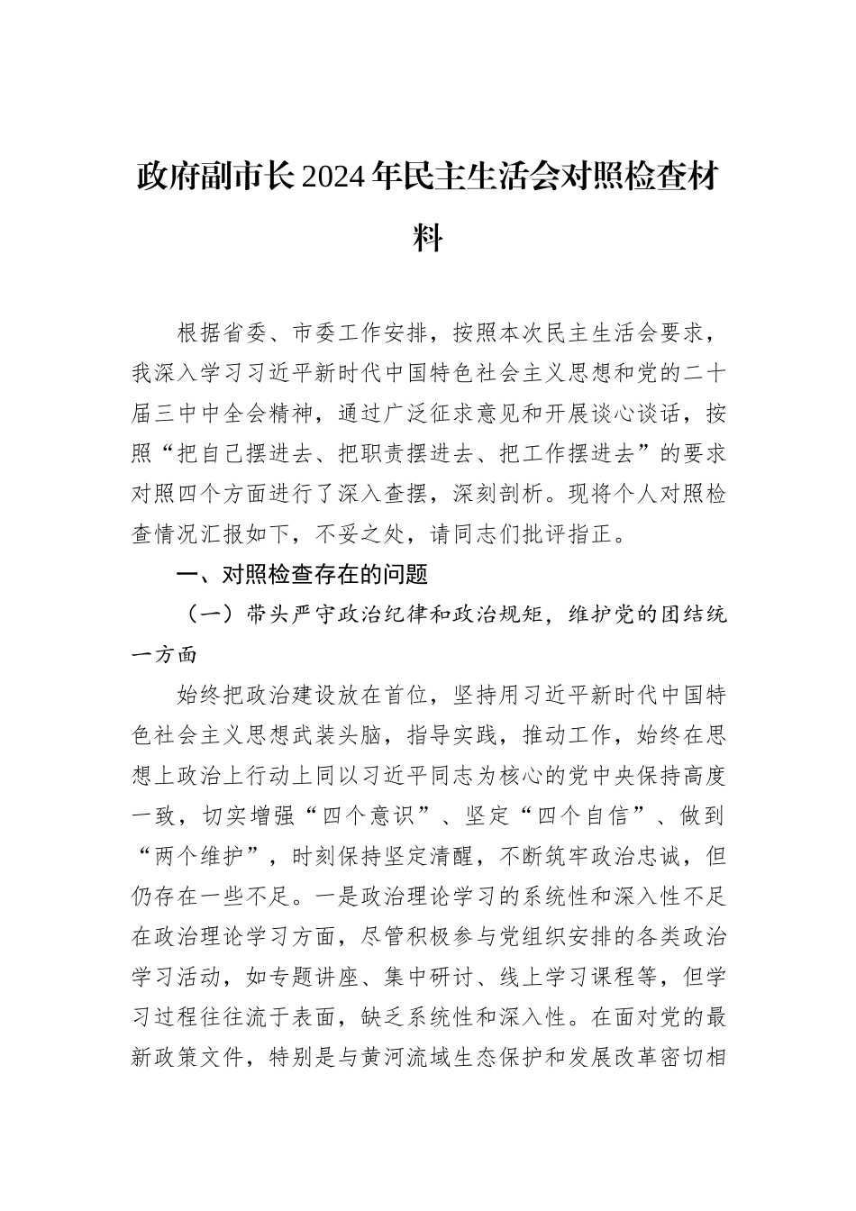 政府副市长2024年民主生活会对照检查材料_第1页