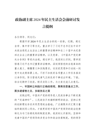 政协副主席2024年民主生活会会前研讨发言提纲