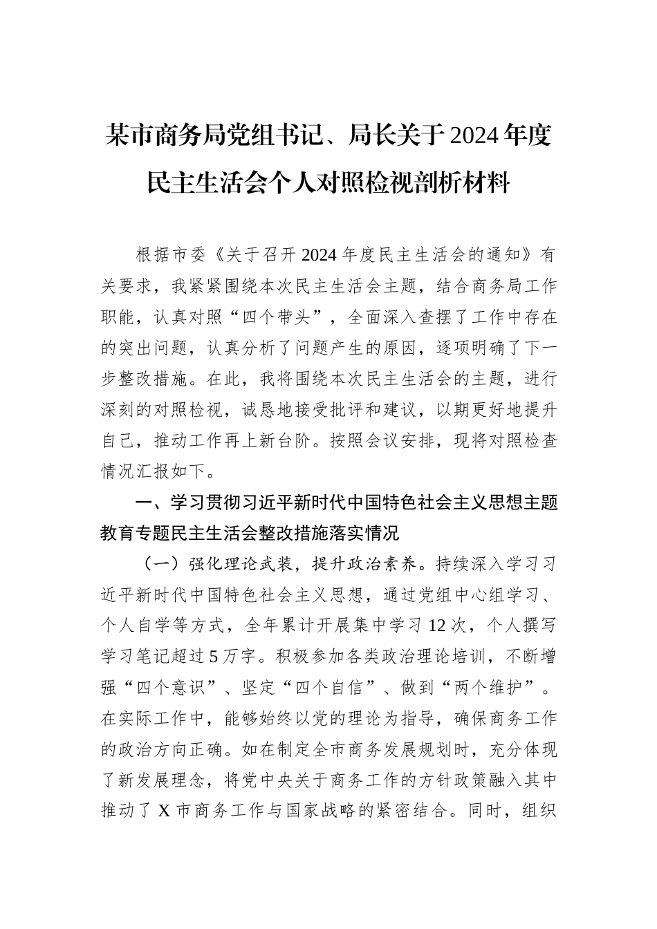 某市商务局党组书记、局长关于2024年度民主生活会个人对照检视剖析材料_第1页