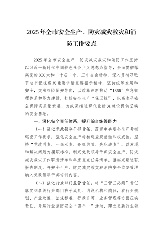 2025年全市安全生产、防灾减灾救灾和消防工作要点