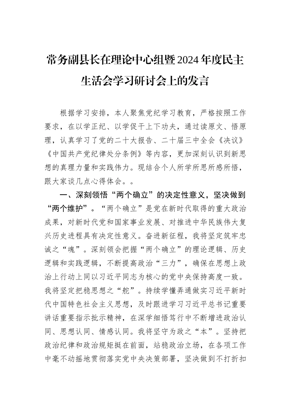 常务副县长在理论中心组暨2024年度民主生活会学习研讨会上的发言_第1页