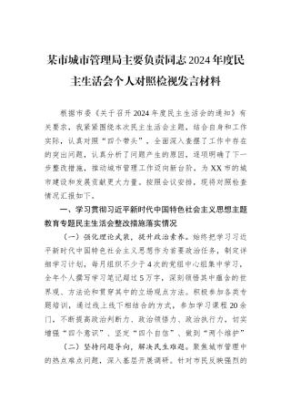 某市城市管理局主要负责同志2024年度民主生活会个人对照检视发言材料