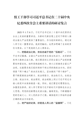 组工干部学习习近平总书记在二十届中央纪委四次全会上重要讲话的研讨发言