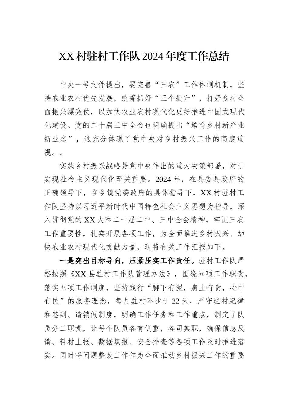 XX村驻村工作队2024年度工作总结_第1页