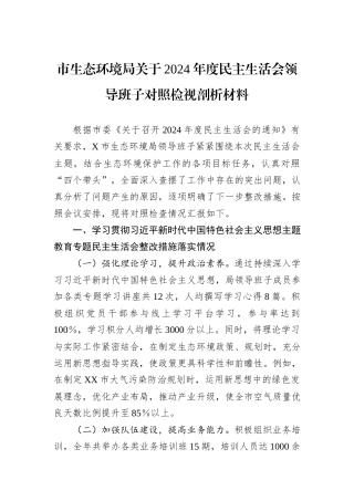 市生态环境局关于2024年度民主生活会领导班子对照检视剖析材料 (1)
