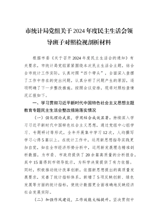 市统计局党组关于2024年度民主生活会领导班子对照检视剖析材料 (1)