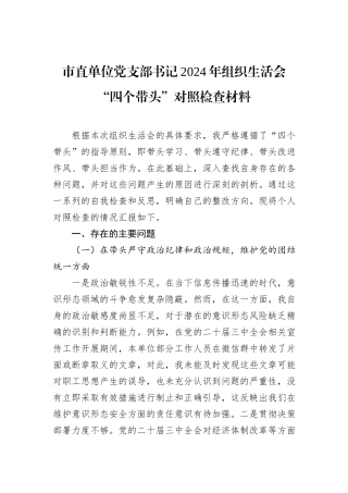 市直单位党支部书记2024年组织生活会“四个带头”对照检查材料