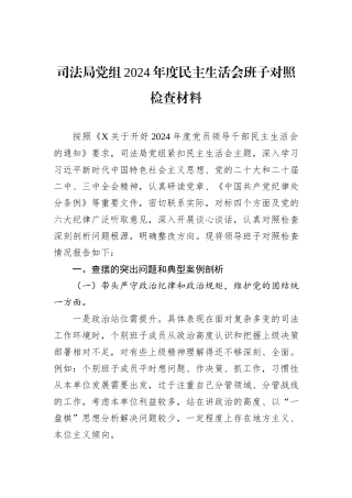 司法局党组2024年度民主生活会班子对照检查材料