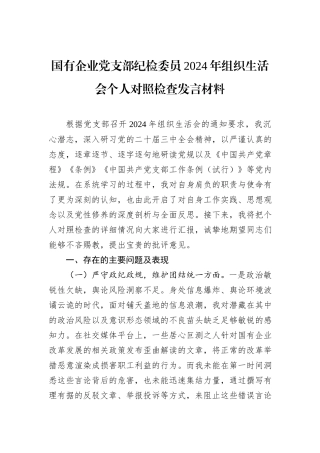 国有企业党支部纪检委员2024年组织生活会个人对照检查发言材料