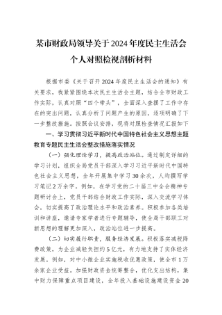 某市财政局领导关于2024年度民主生活会个人对照检视剖析材料