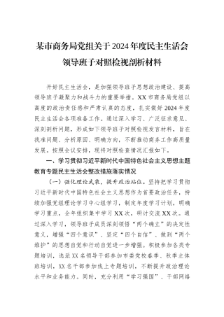 某市商务局党组关于2024年度民主生活会领导班子对照检视剖析材料
