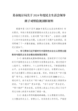 某市统计局关于2024年度民主生活会领导班子对照检视剖析材料
