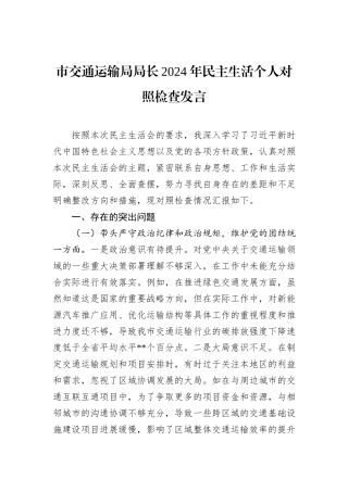 市交通运输局局长2024年民主生活个人对照检查发言