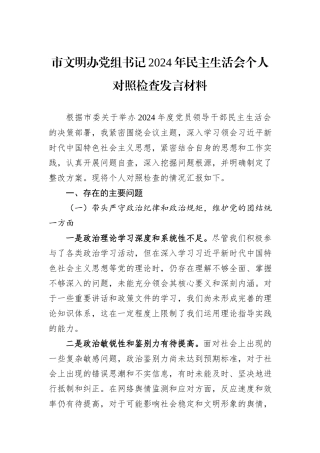 市文明办党组书记2024年民主生活会个人对照检查发言材料