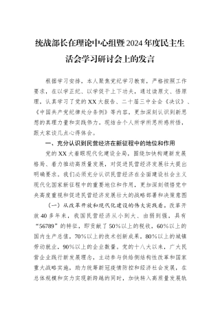 统战部长在理论中心组暨2024年度民主生活会学习研讨会上的发言