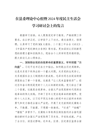 在县委理论中心组暨2024年度民主生活会学习研讨会上的发言