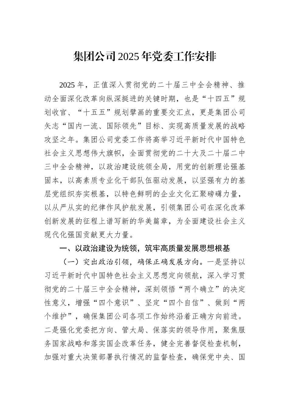 集团公司2025年党委工作安排_第1页