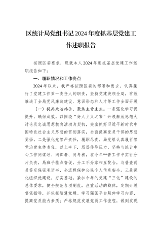 区统计局党组书记2024年度抓基层党建工作述职报告