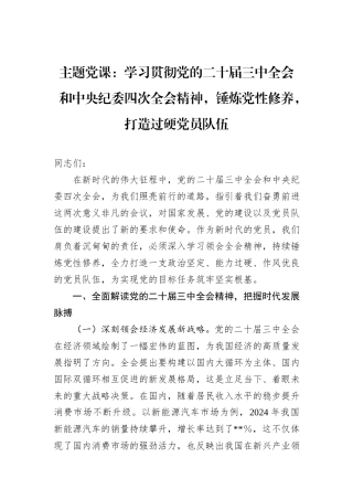 主题党课：学习贯彻党的二十届三中全会和中央纪委四次全会精神，锤炼党性修养，打造过硬党员队伍